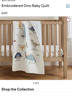 Embroidered Dino Baby Quilt & fitted crib sheet Cream - with Blue & Tan Dinos